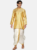 Sethukrishna Men Gold-Toned & White Kurta with Dhoti Pants | Grocsy