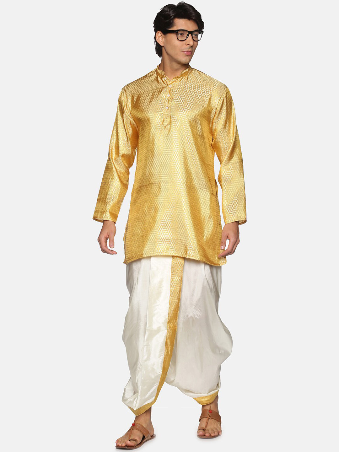Sethukrishna Men Gold-Toned & White Kurta with Dhoti Pants | Grocsy