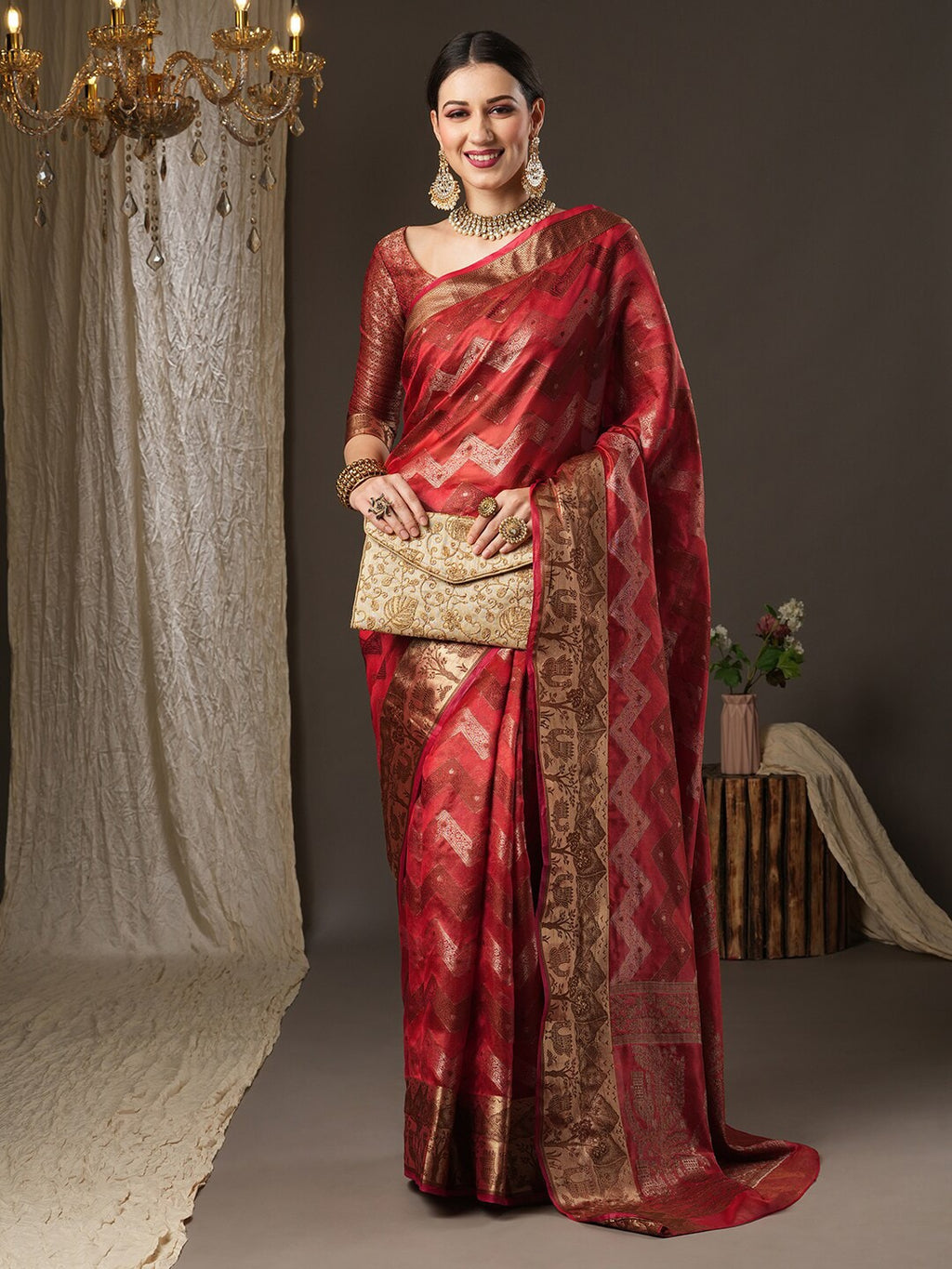 Saree Mall Pink & Gold-Toned Woven Design Zari Silk Blend Bagru Sarees | Grocsy