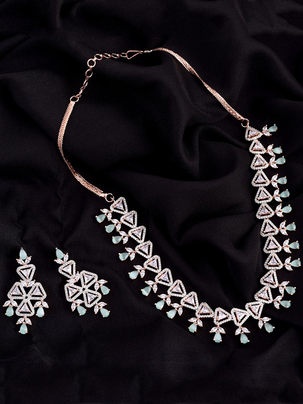 Saraf RS Jewellery Rose Gold-Polished White & Sea Green AD-Studded Handcrafted Jewellery Set | Grocsy