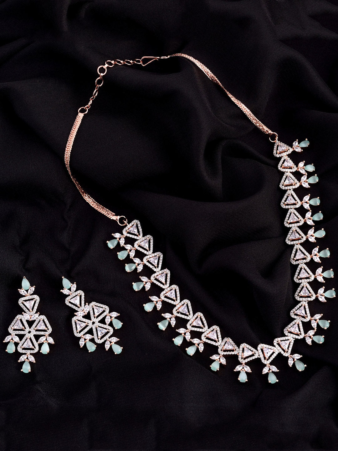 Saraf RS Jewellery Rose Gold-Polished White & Sea Green AD-Studded Handcrafted Jewellery Set | Grocsy