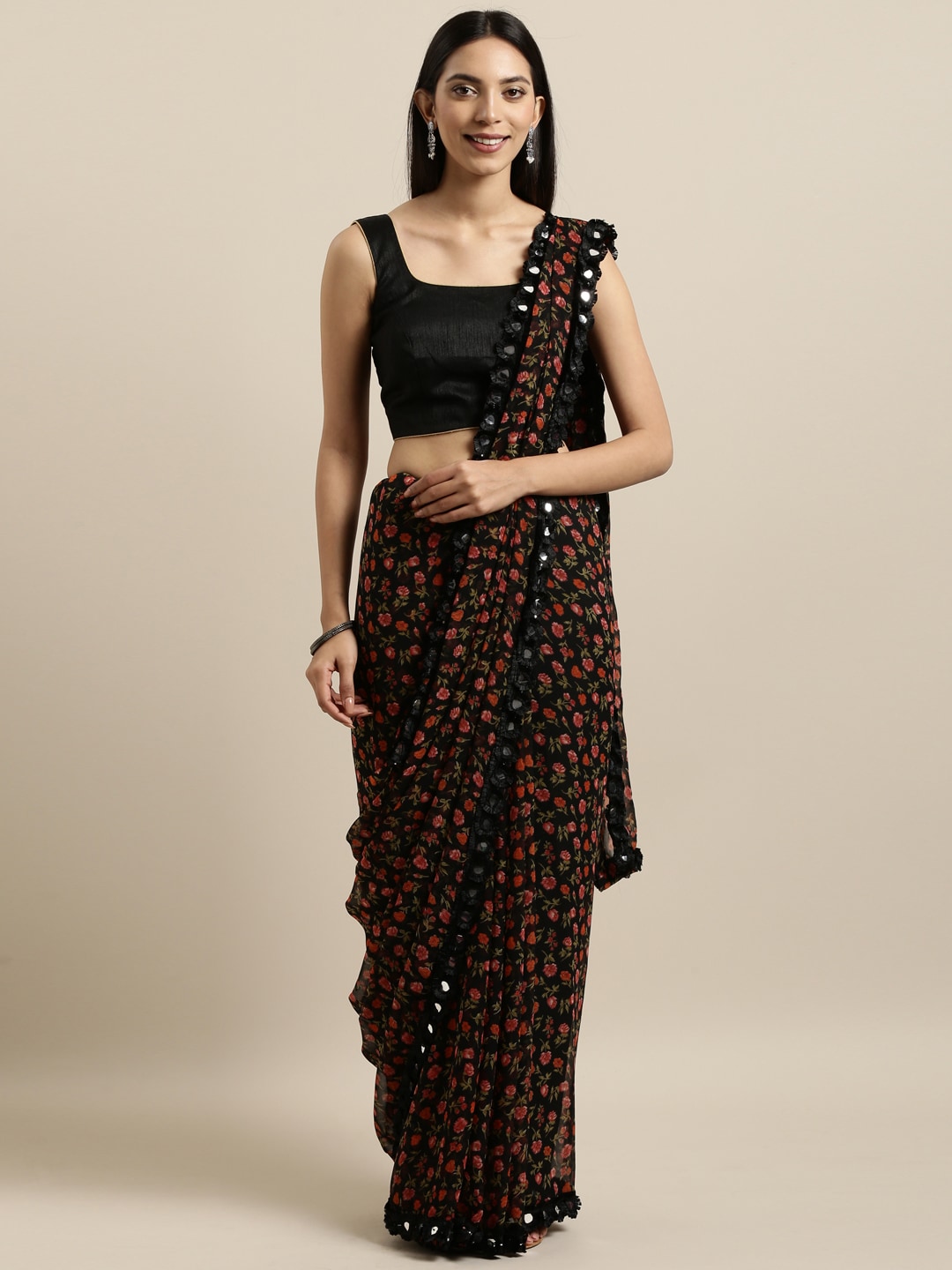 Tikhi Imli Black & Red Poly Georgette Printed Saree | Grocsy