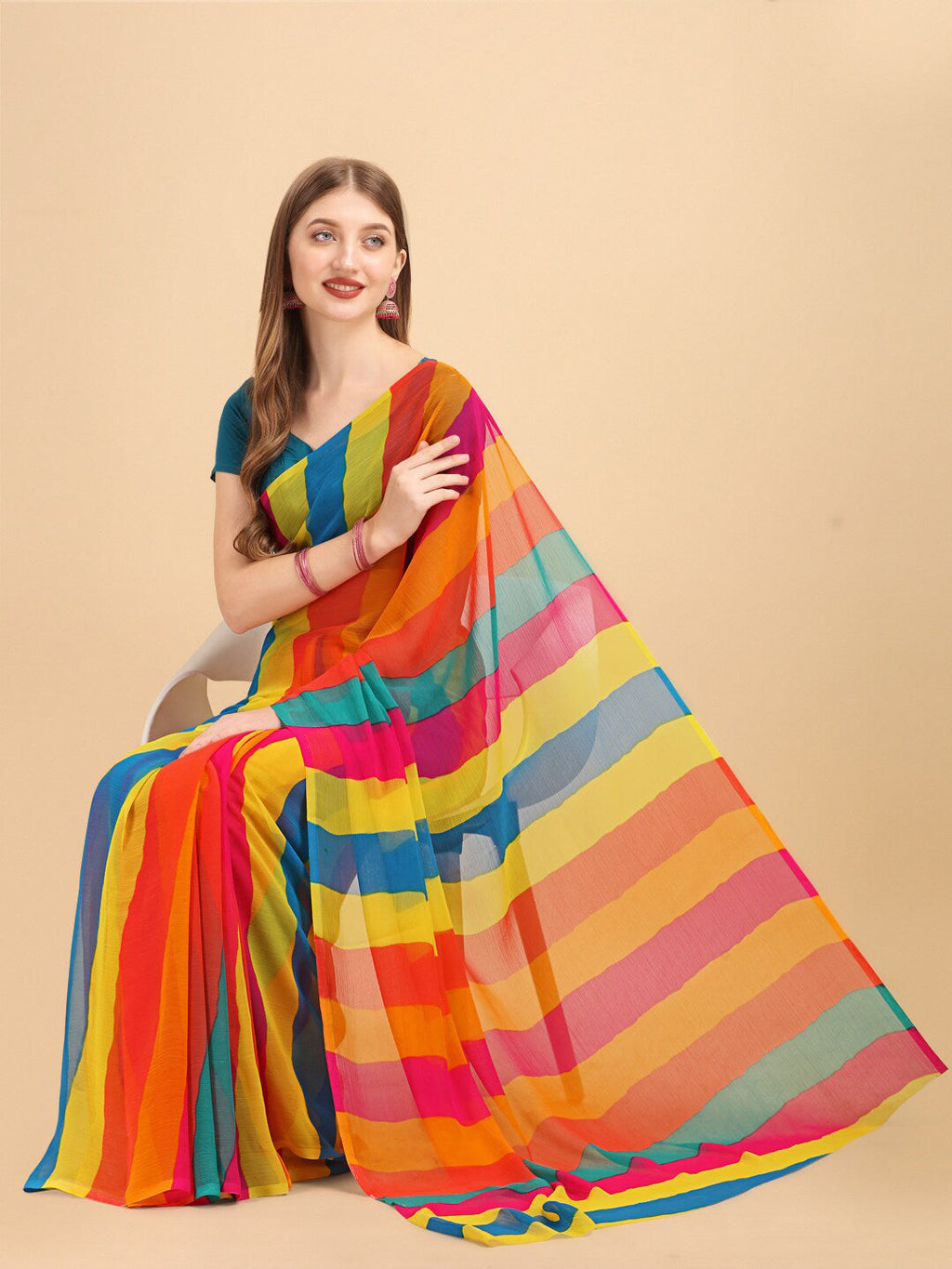 Sangria Yellow & Turquoise Blue Colourblocked Pure Chiffon Saree | Grocsy