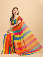 Sangria Yellow & Turquoise Blue Colourblocked Pure Chiffon Saree | Grocsy
