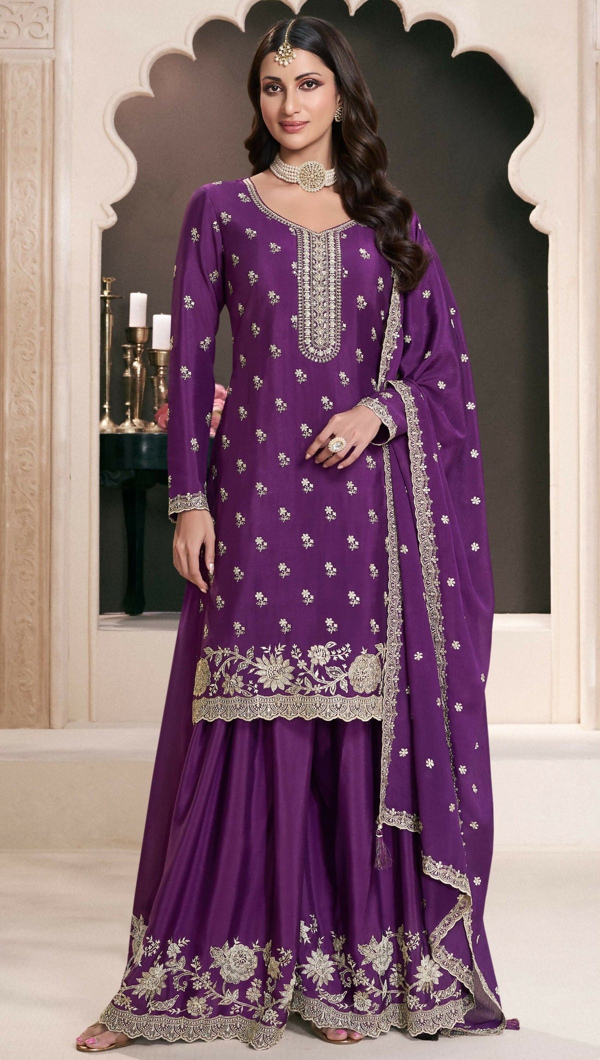 Anaita Purple Chinon Embroidered Thread Work Stitched Salwar Suit | Grocsy