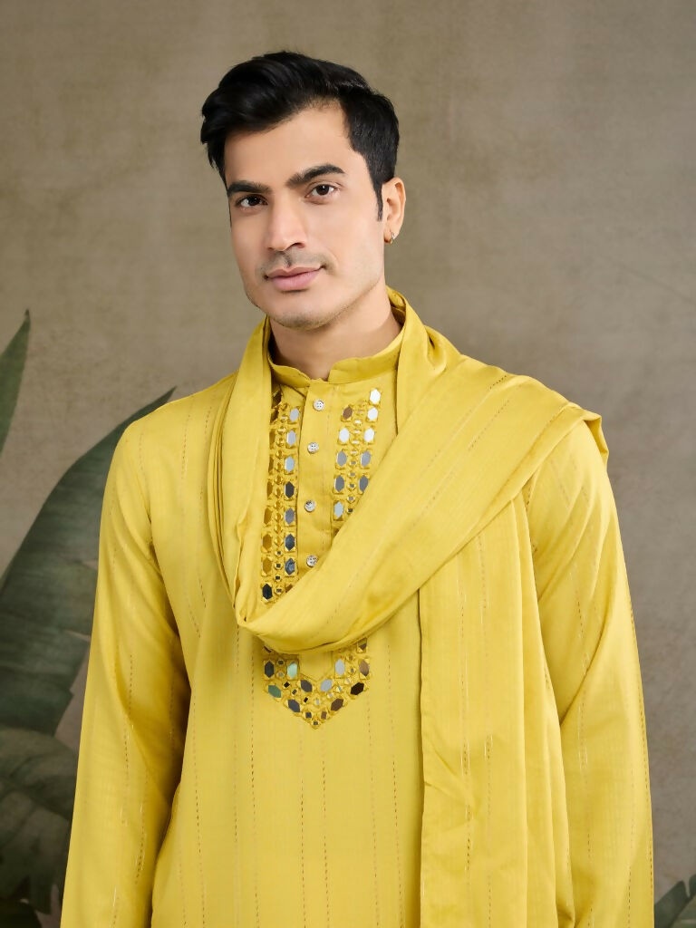 Vastranavya Yellow Exclusive Viscose Silk Festival Wear Real Mirror Work Kurta with Dupatta | Grocsy