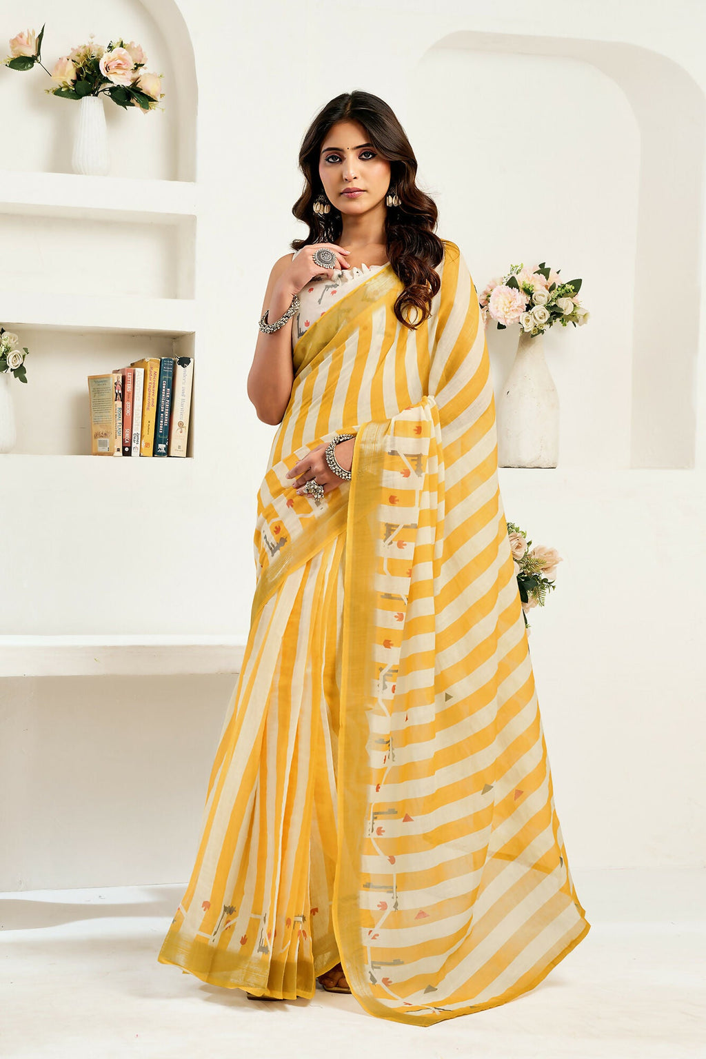 Vastranavya Yellow White Digital Printed Linen Ready To Wear Designer Saree with Unstitched Blouse | Grocsy