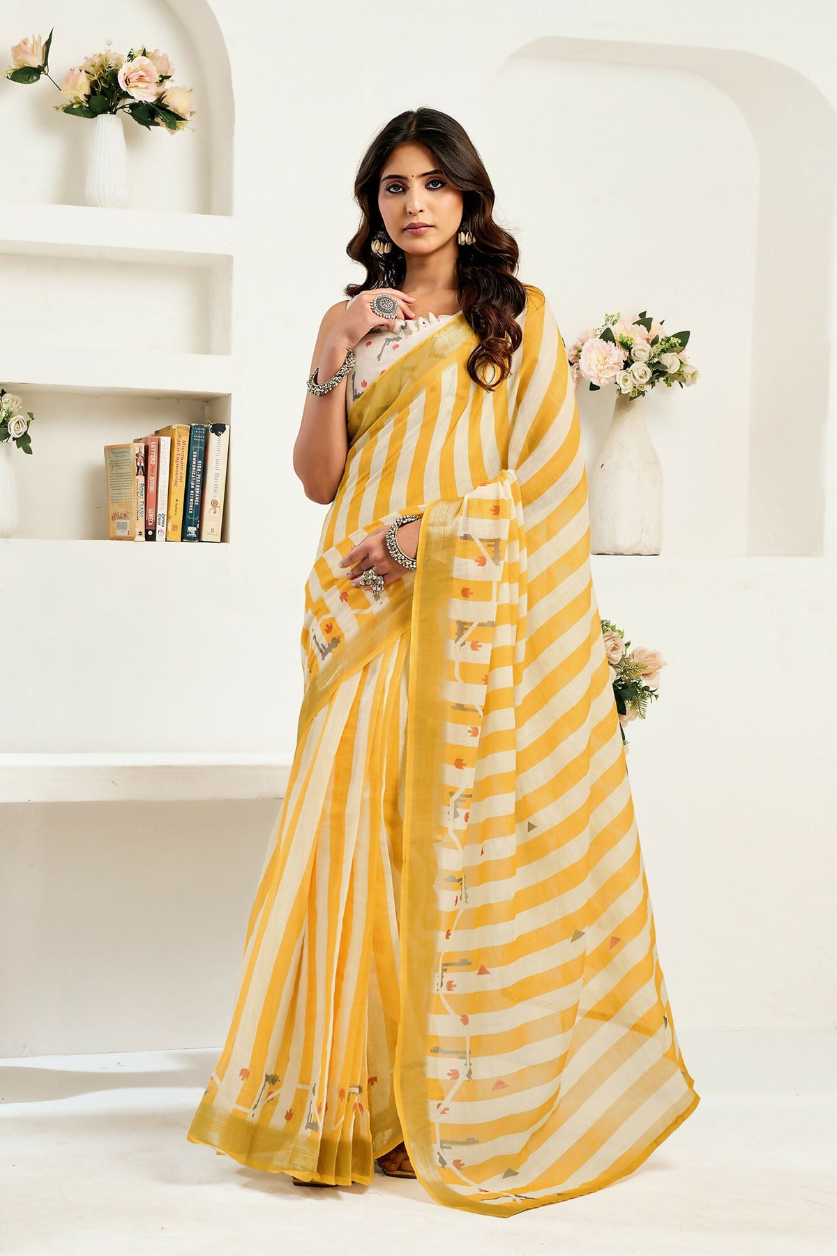 Vastranavya Yellow White Digital Printed Linen Ready To Wear Designer Saree with Unstitched Blouse | Grocsy
