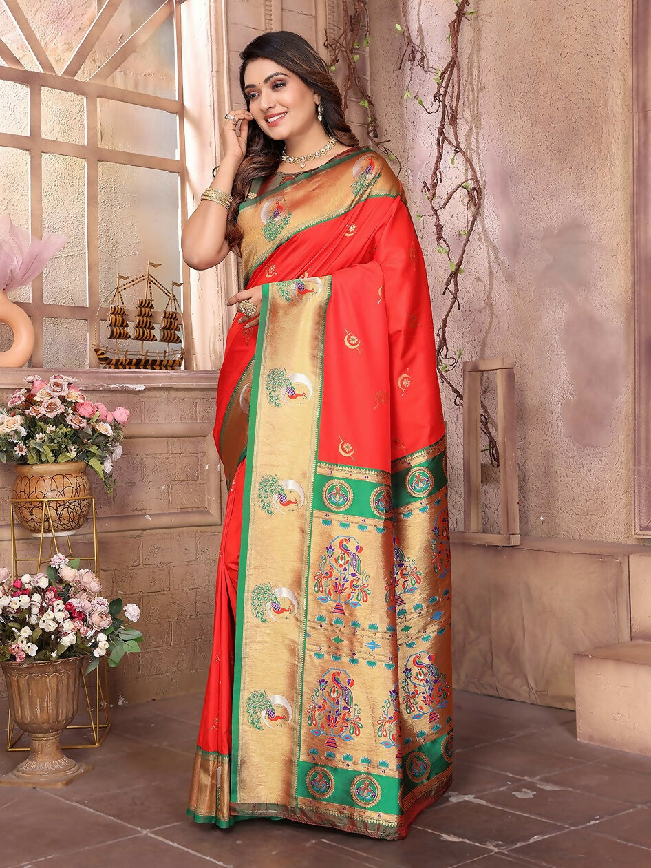 Joban Fashion Paithani Red Woven Soft Silk Saree | Grocsy