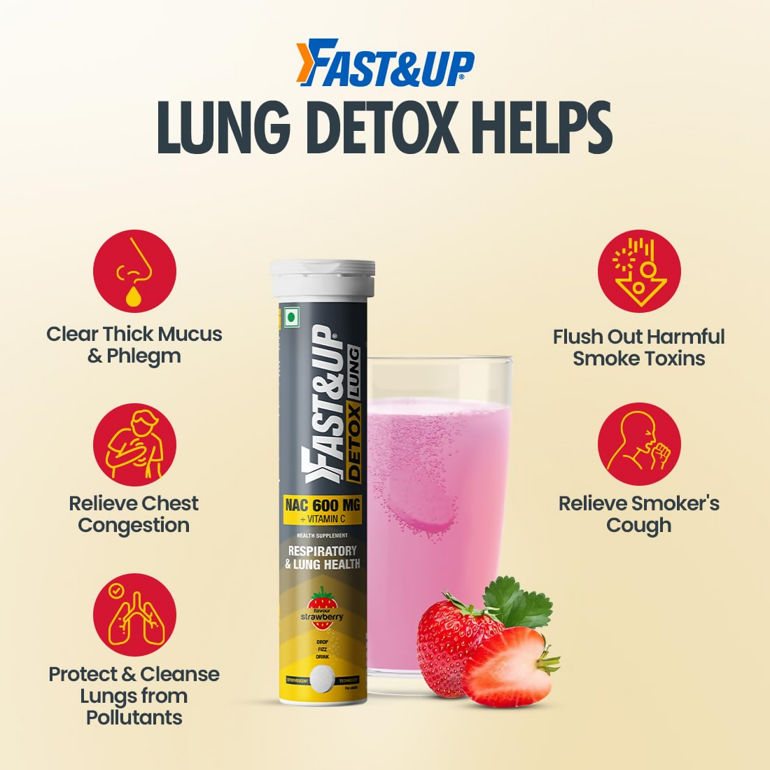 FAST&UP Detox Lung N-Acetylcysteine 600mg + Vitamin C - Strawberry Flavour Tablets