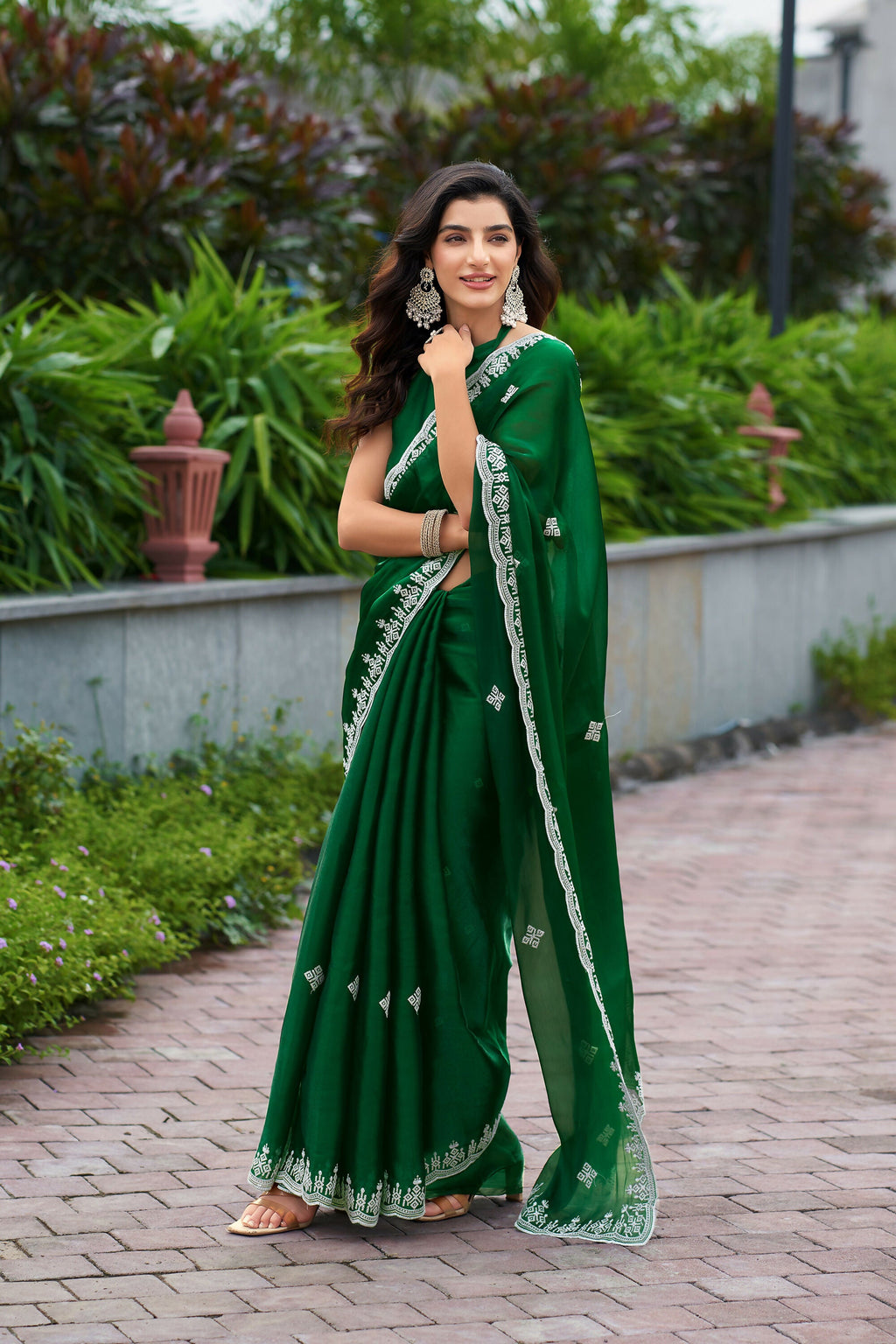 Vastranavya Green Embroidery Work Shimmer Chiffon Saree with Unstitched Blouse | Grocsy