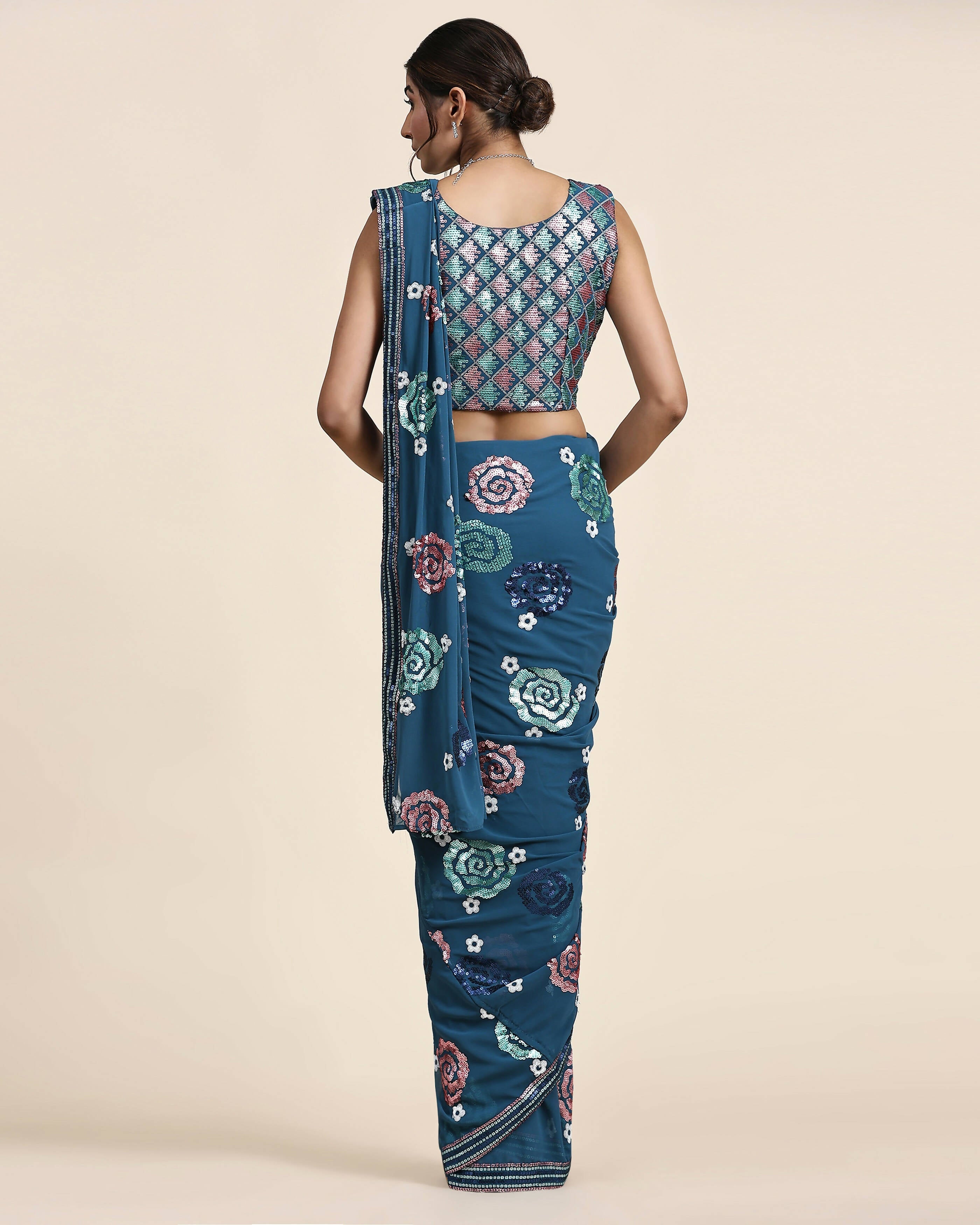 Blue Pure Georgette Sequence work Ready to wear Saree with stitched Blouse - Nirvana | Grocsy