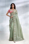 Green Banarasi Crush silk Sequence Embroidered with Stone work Saree - Mohmanthan Majestica | Grocsy
