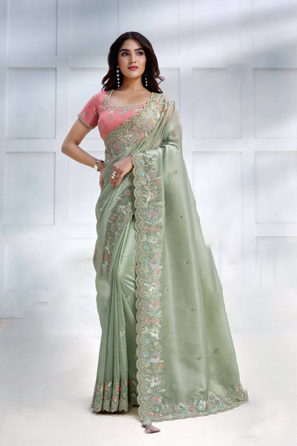 Green Banarasi Crush silk Sequence Embroidered with Stone work Saree - Mohmanthan Majestica | Grocsy
