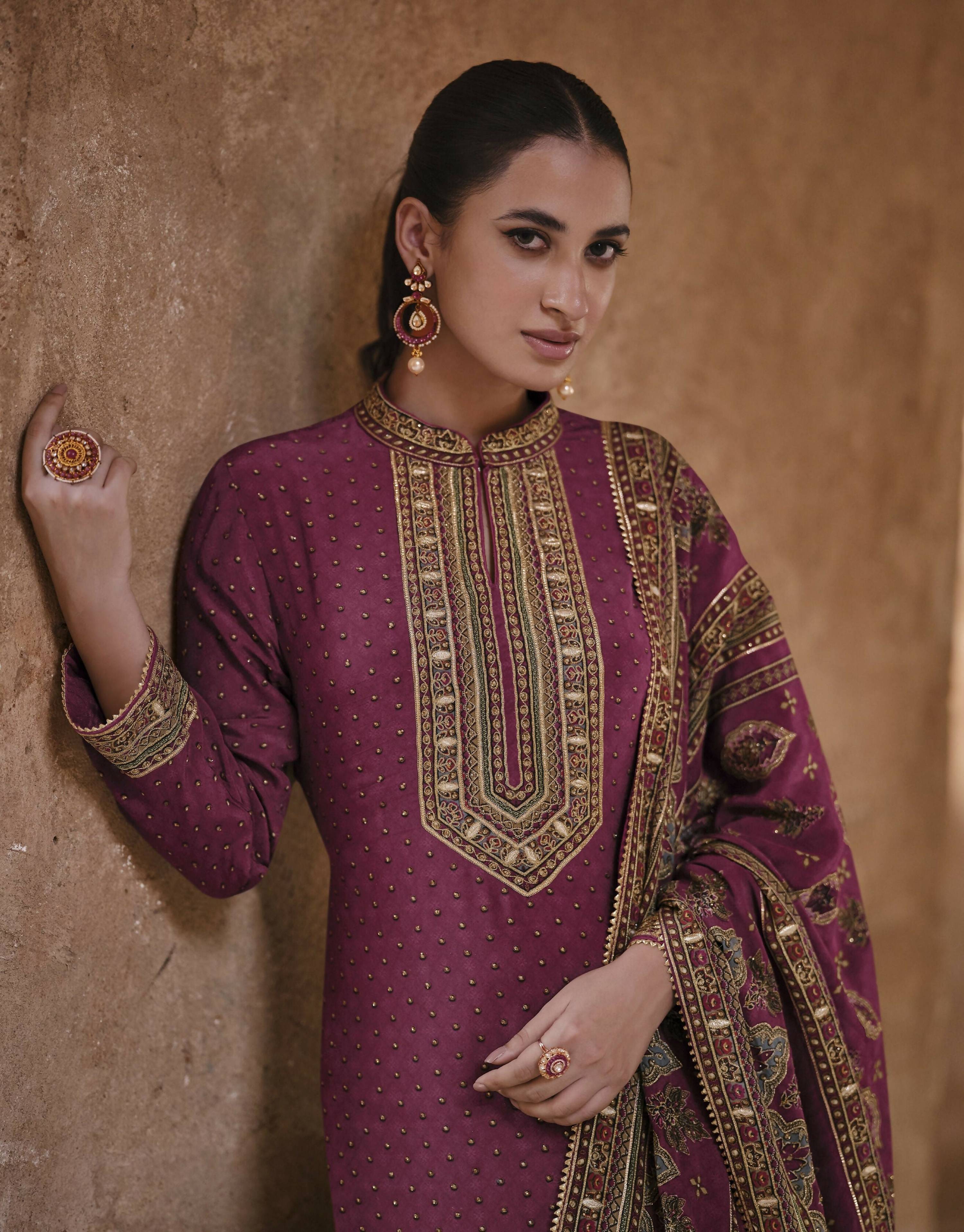 Anaita Purple Silk Readymade Palazzo Suit with Swarovski Work | Grocsy
