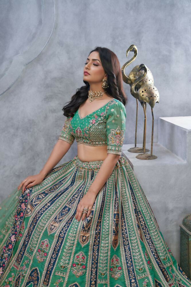 Kesar Fab Green Organza Embroidered Lehenga | Grocsy
