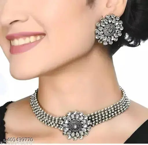 Tehzeeb Creations Women's Silver Plated Necklace Set With Stone - Swadesiicart