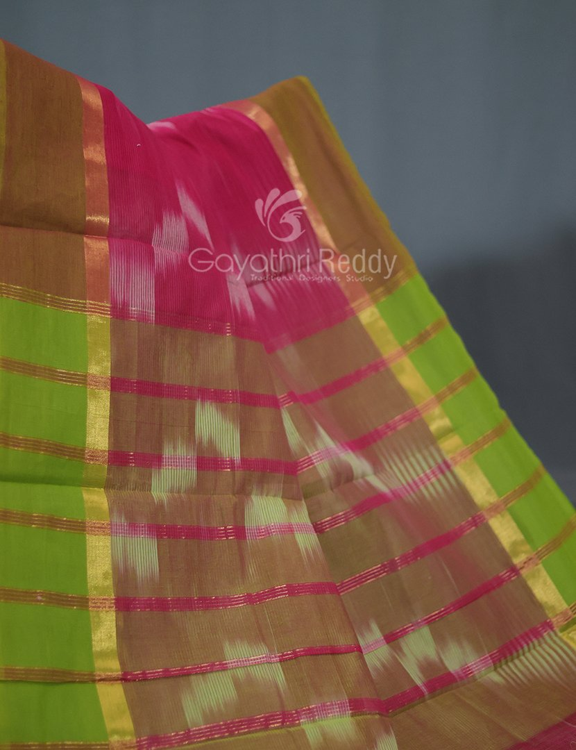 Dual Shades of Rose Pink And Parrot Green Mangalagiri Ikkat Cotton Saree By Gayathri Reddy Designer Studio | Grocsy