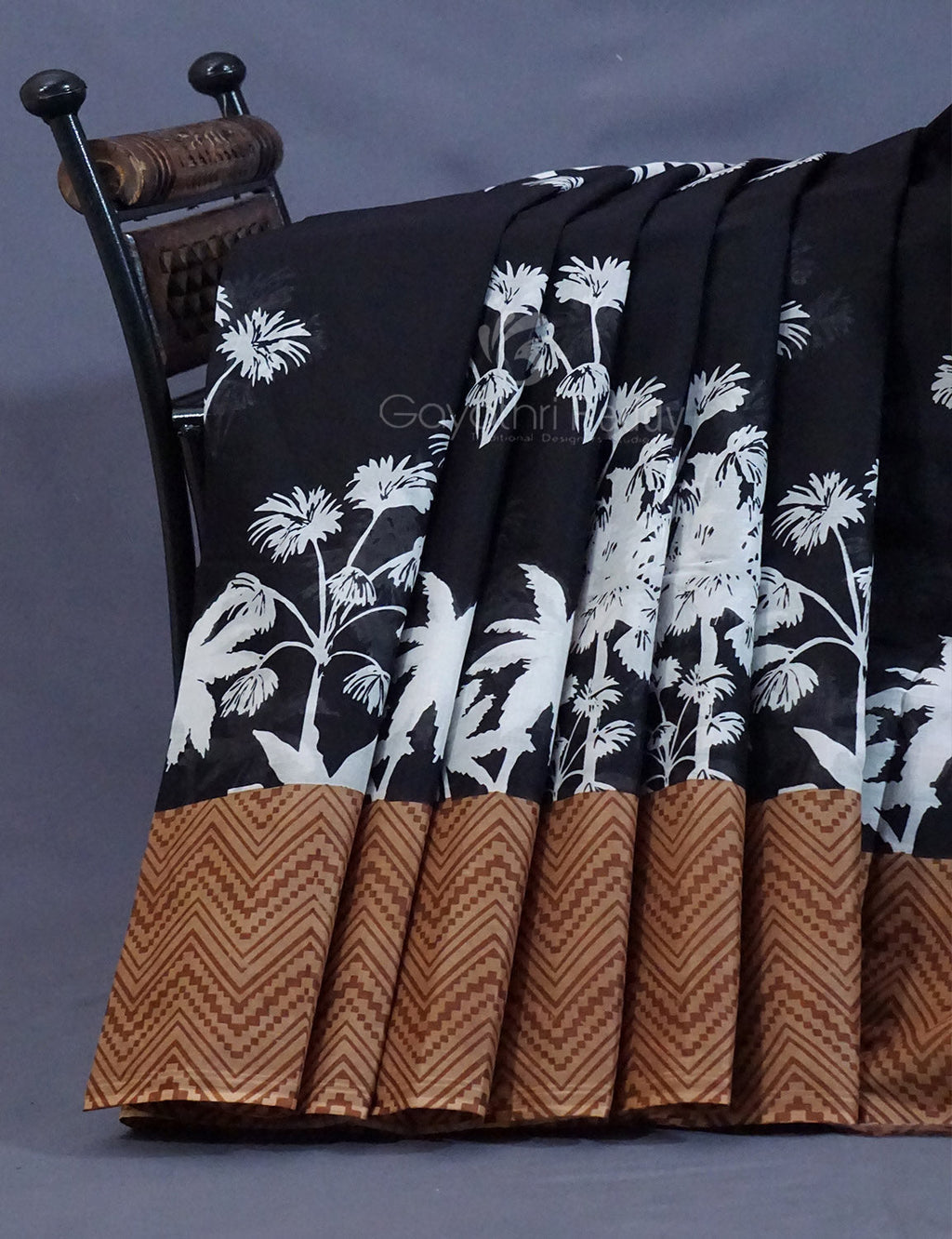 Black And Chikoo Colour Block Print Pure Mulmul Cotton Saree By Gayathri Reddy Designer Studio | Grocsy