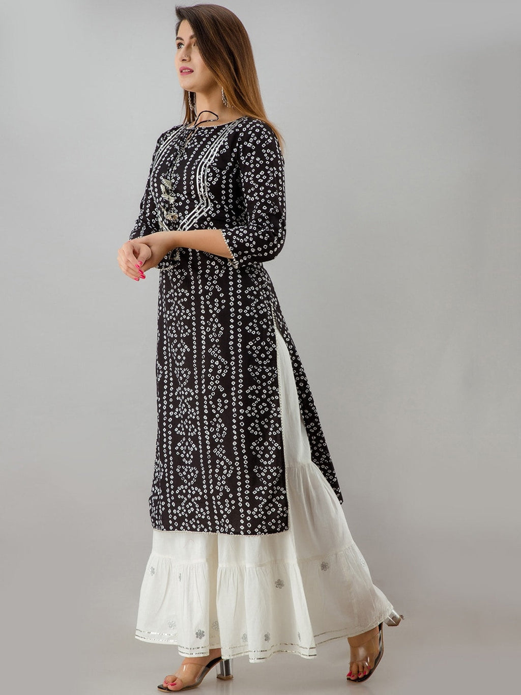 HERE&NOW Black Tie Up Neck Bandhani Printed Gotta Patti Kurta | Grocsy