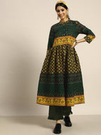 Sangria Women Green & Yellow Pure Cotton Ethnic Motifs Printed A-Line Kurta | Grocsy