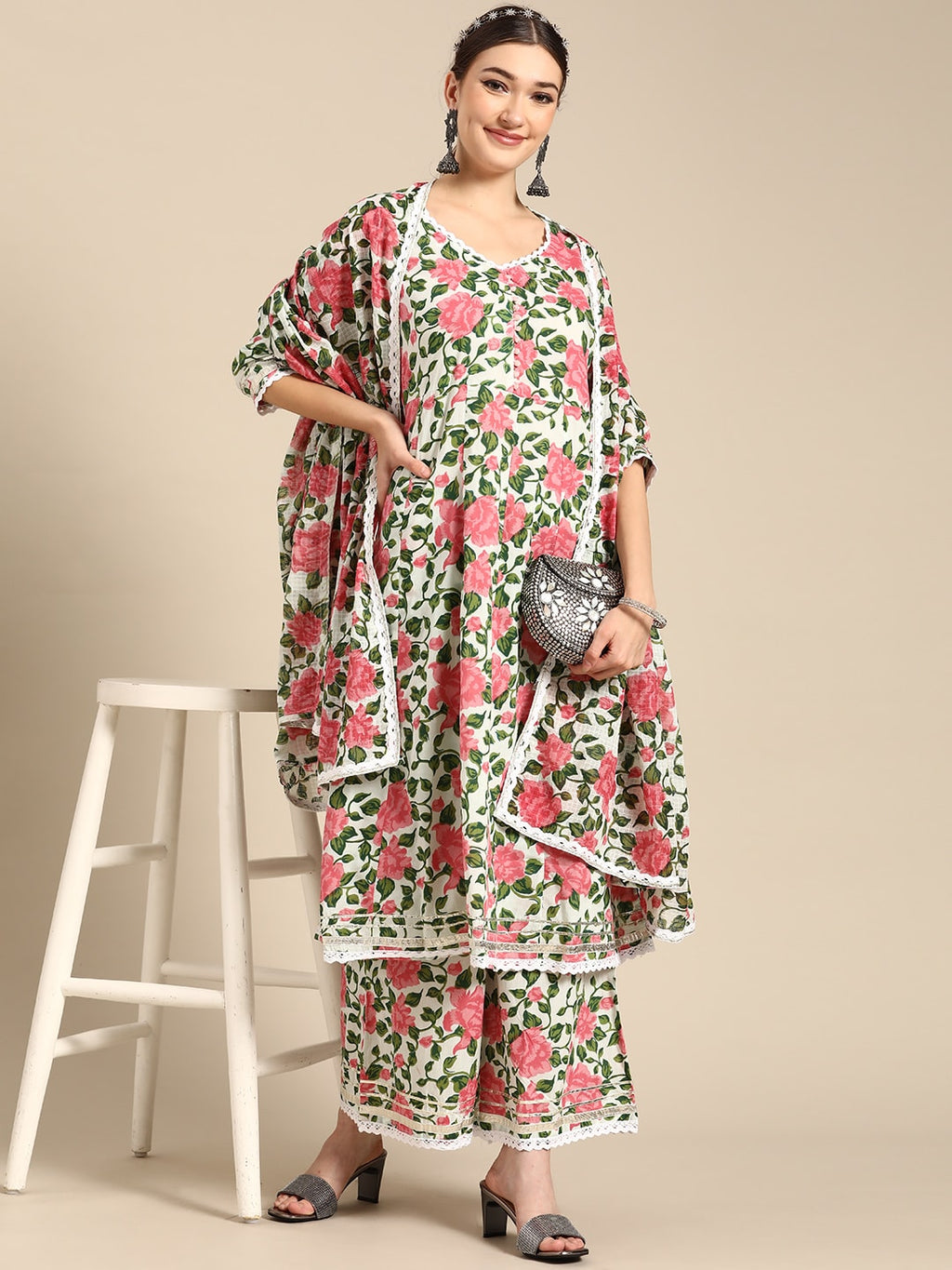 Sangria Women Pink Floral Printed Lace Inserts Pure Cotton Kurta with Sharara & Dupatta | Grocsy