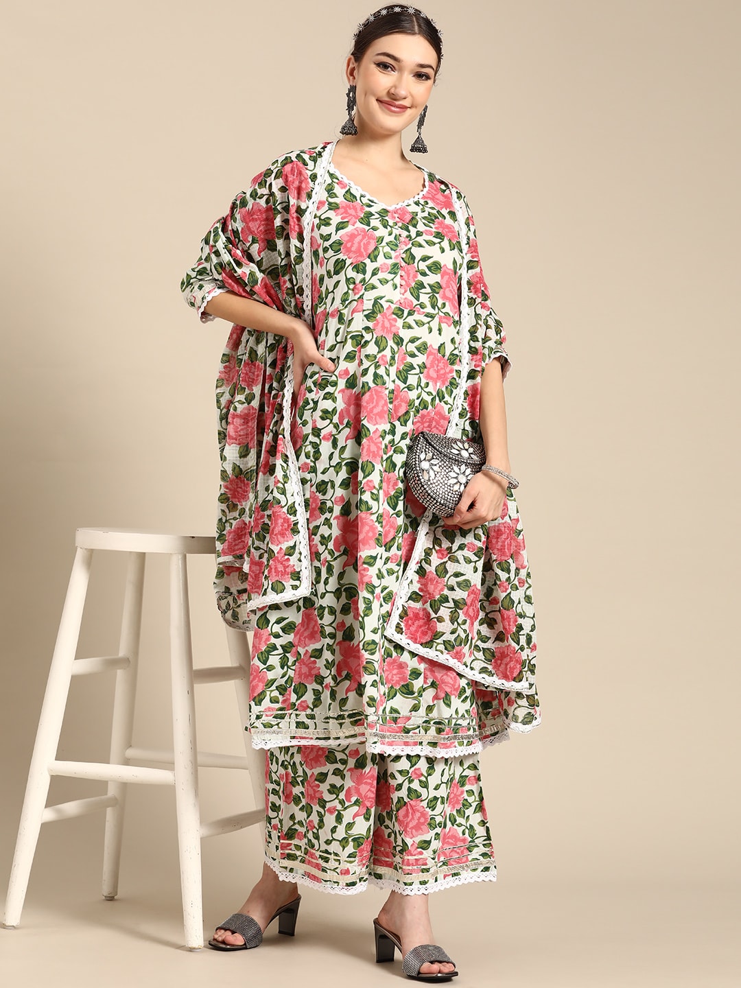 Sangria Women Pink Floral Printed Lace Inserts Pure Cotton Kurta with Sharara & Dupatta | Grocsy