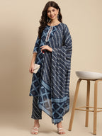 Sangria Indigo Blue Geometric Printed Pure-Cotton Straight Kurta With Trouser & Dupatta | Grocsy