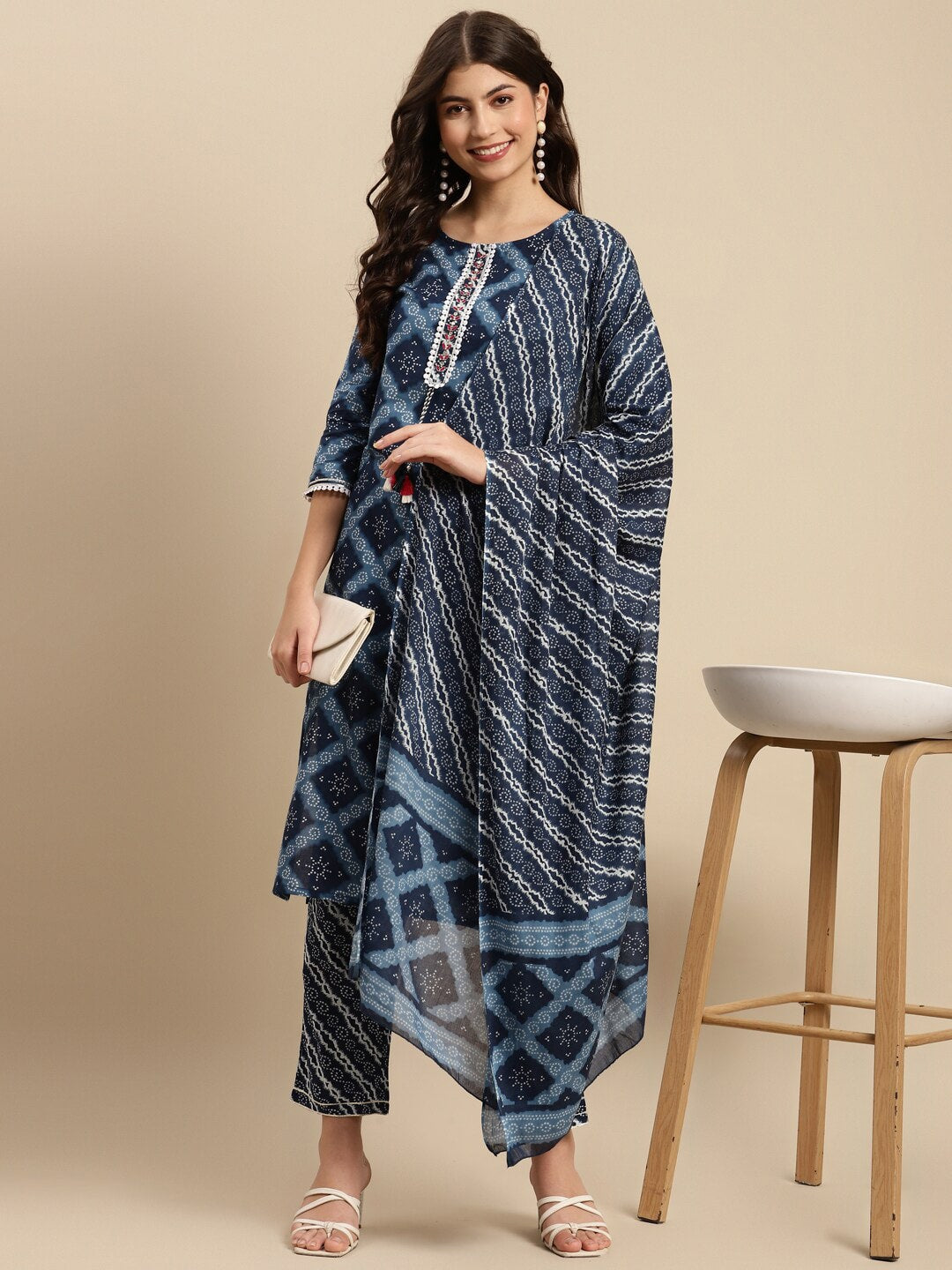 Sangria Indigo Blue Geometric Printed Pure-Cotton Straight Kurta With Trouser & Dupatta | Grocsy