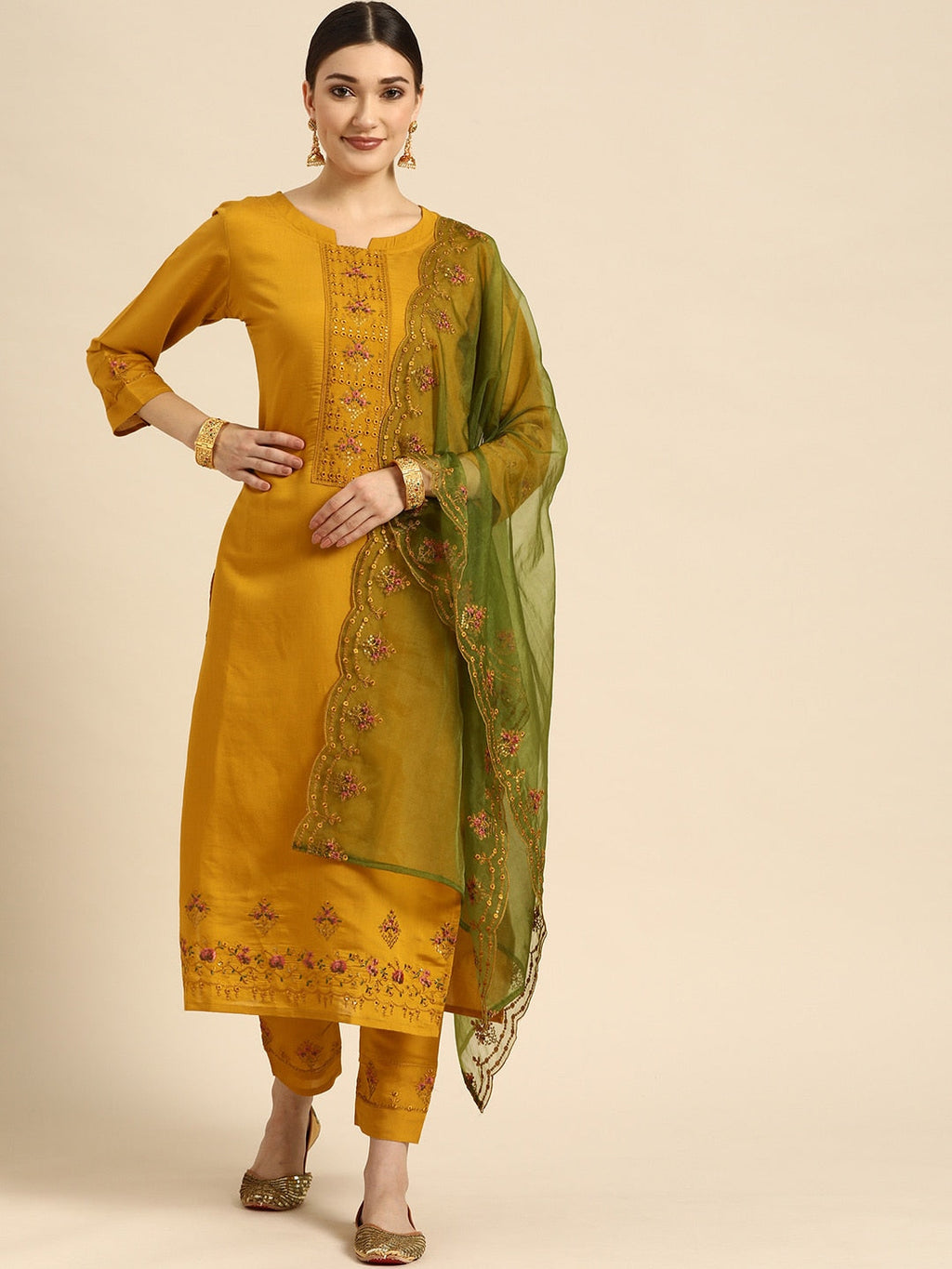 Sangria Women Mustard Yellow & Green Ethnic Motifs Embroidered Cotton Kurta Set | Grocsy