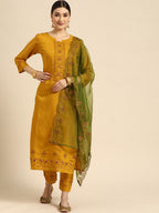 Sangria Women Mustard Yellow & Green Ethnic Motifs Embroidered Cotton Kurta Set | Grocsy