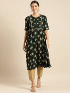 All About You Women Teal Green & Gold-Toned Ethnic Motifs Printed Mirror Work Kurta | Grocsy
