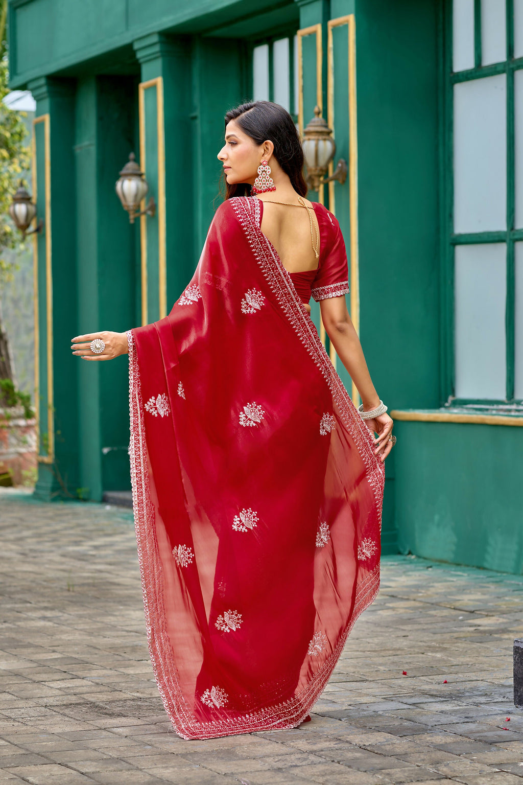Vastranavya Red Embroidery Work Shimmer Chiffon Saree with Unstitched Blouse | Grocsy