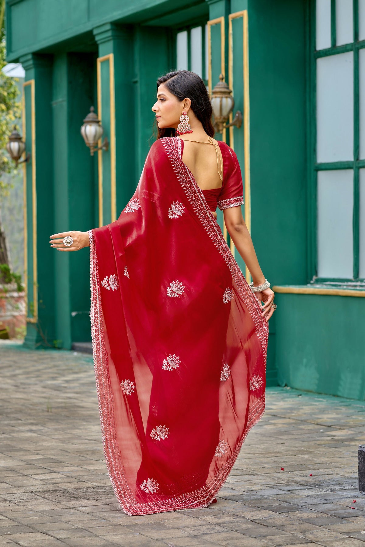 Vastranavya Red Embroidery Work Shimmer Chiffon Saree with Unstitched Blouse | Grocsy