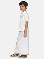 Sethukrishna Boys Cream-Coloured & Gold-Toned Pure Cotton Shirt with Dhoti | Grocsy