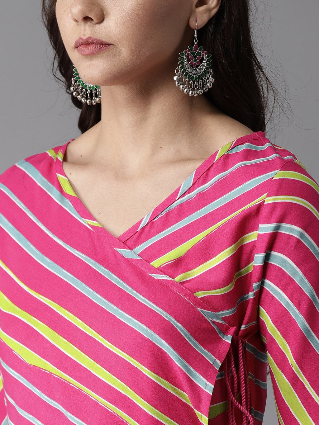 HERE&NOW Women Stripes & Tie-Up A-Line Viscose Kurta | Grocsy