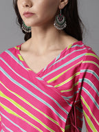 HERE&NOW Women Stripes & Tie-Up A-Line Viscose Kurta | Grocsy