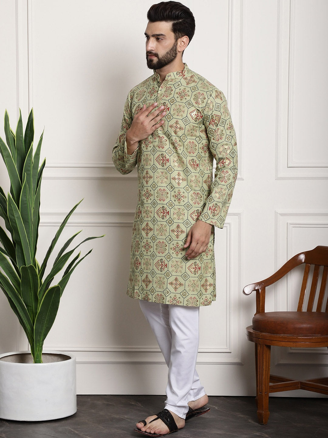 Sojanya Men Green Printed Cotton Linen Kurta with Churidar | Grocsy
