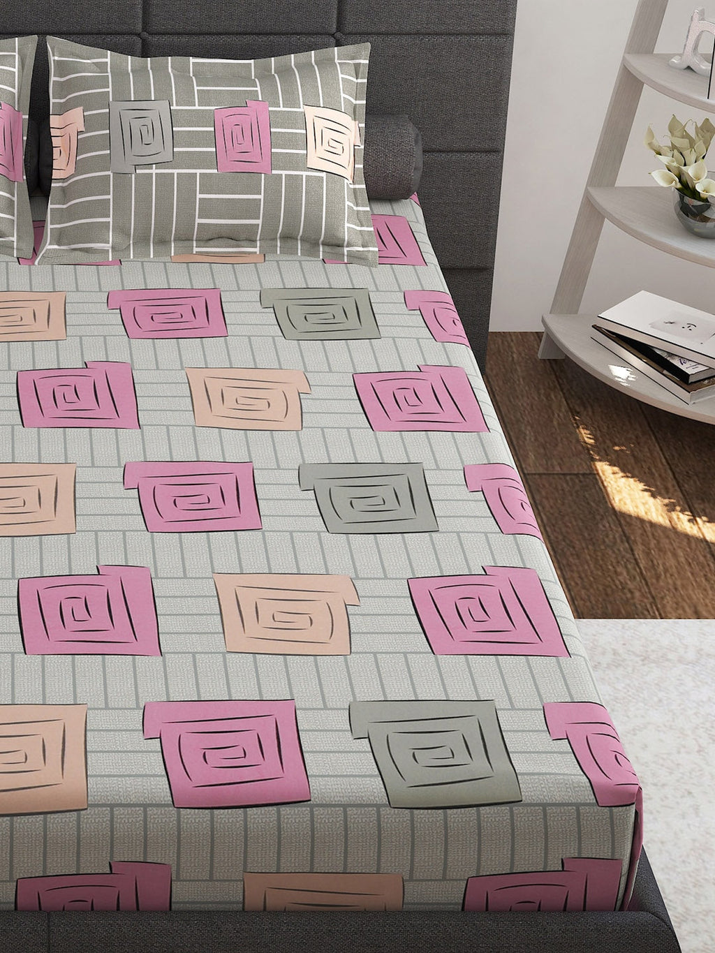 Story@home Beige & White Geometric Cotton 152 TC Queen Bedsheet With 2 Pillow Covers | Grocsy
