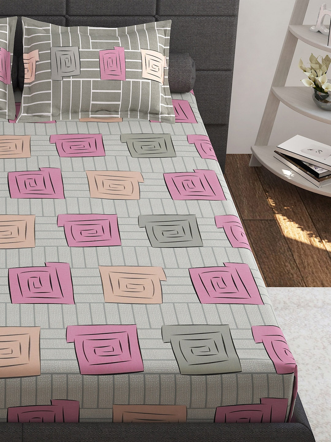 Story@home Beige & White Geometric Cotton 152 TC Queen Bedsheet With 2 Pillow Covers | Grocsy
