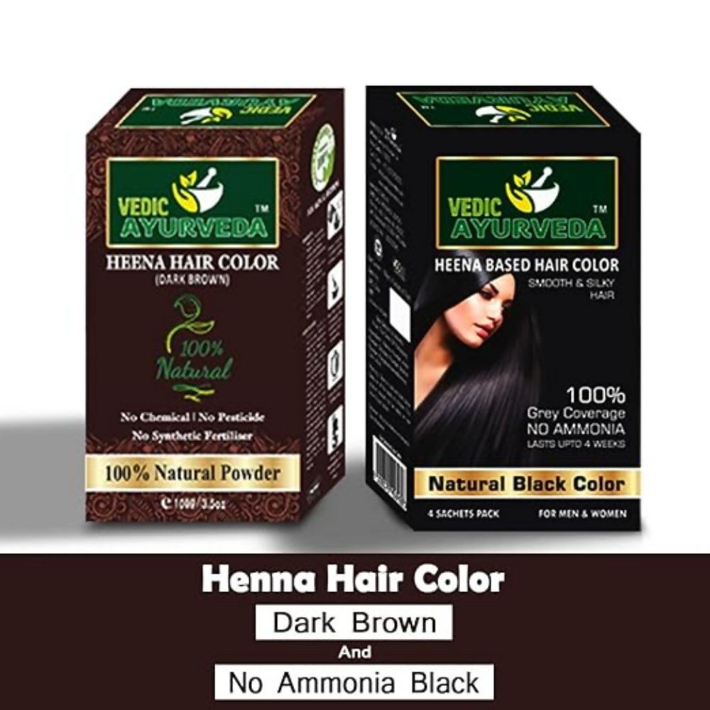 VedicAyurveda Natural Henna Dark Brown & No Ammonia Black Hair Color Powder | Grocsy