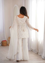 Teeya Creation White Embroidered Short Kurti Sharara Suit Set With Dupatta | Grocsy