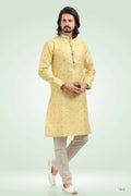 Raivat Ethnic Jacquard Banarasi Silk Pintux Work Kurta Pajama In Yellow Colour | Grocsy