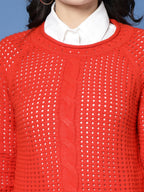 Women Pointelle Rust Acrylic Winter Sweater - Wool Trees | Grocsy