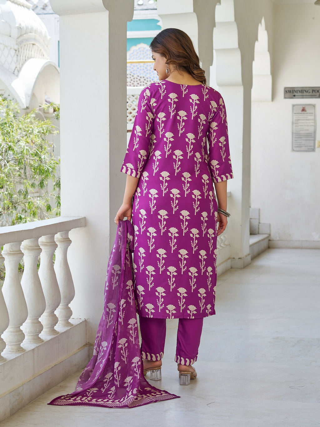 The52 Wine Women's Beautiful Cotton Blend Fabric Printed Work Straight Kurta, Pant and Dupatta Set | Grocsy