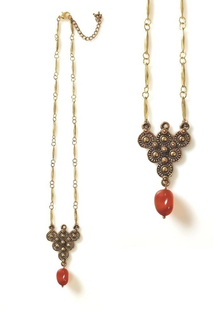 Bling Accessories Brass Finish Metal Carnelian Agate Semi Precious Stone Pendant Necklace | Grocsy