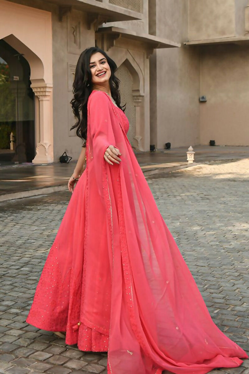 Jyoti Fashion Gajri Thread Embroidery Georgette Lehenga Choli with Dupatta | Grocsy