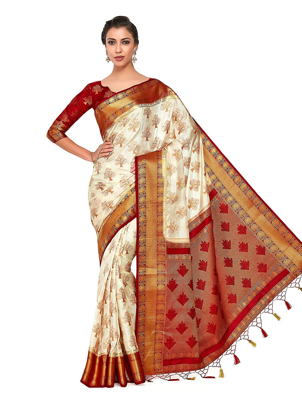 Mimosa Women's Kanchipuram Silk Saree With Blouse Piece | Grocsy