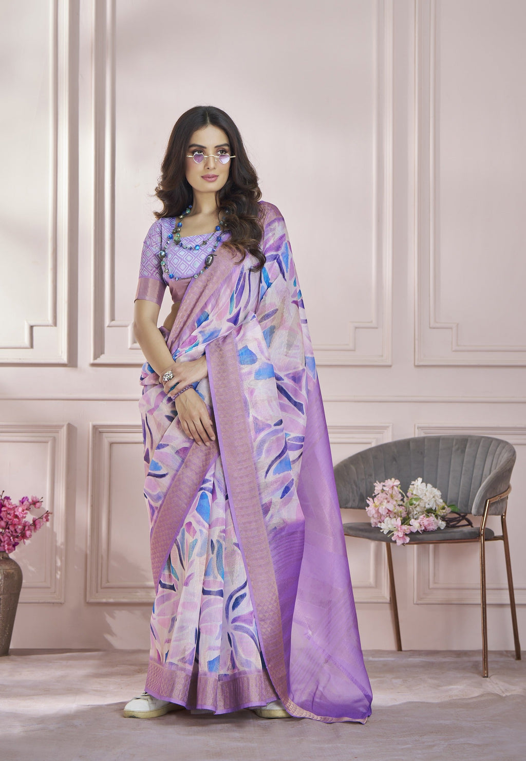 Anaita Lavender Printed Pure Modal Silk Saree With Blouse | Grocsy