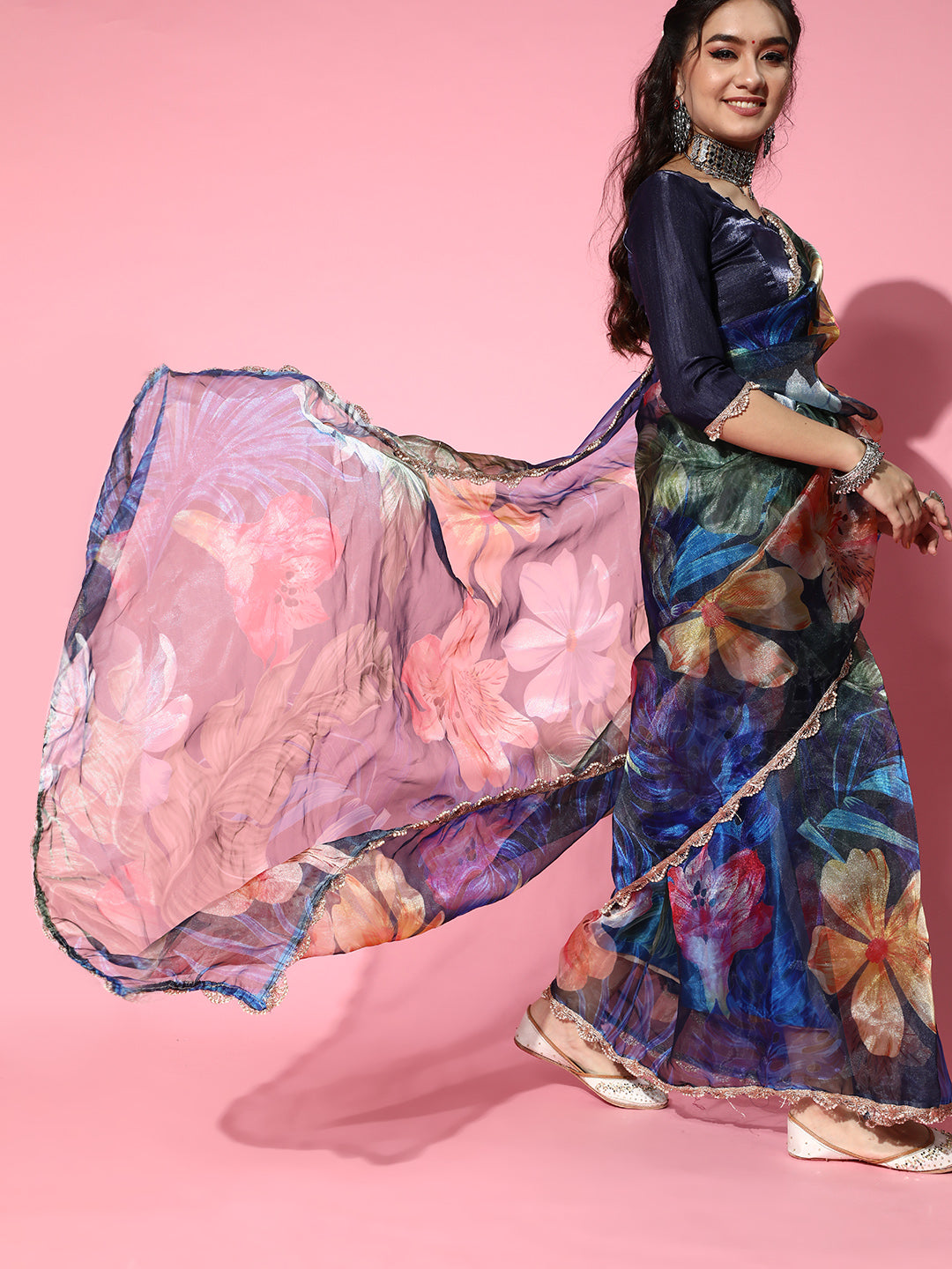 Tikhi Imli Navy Blue Saree with Zari border | Grocsy
